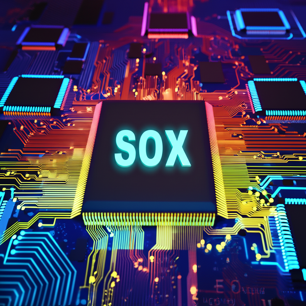 費城半導體指數 SOX 標誌與半導體晶片圖示