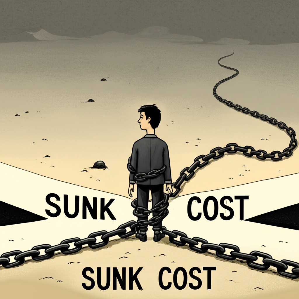 沉沒成本謬誤的十字路口困境插圖,象徵過去無法收回的投資拖累決策