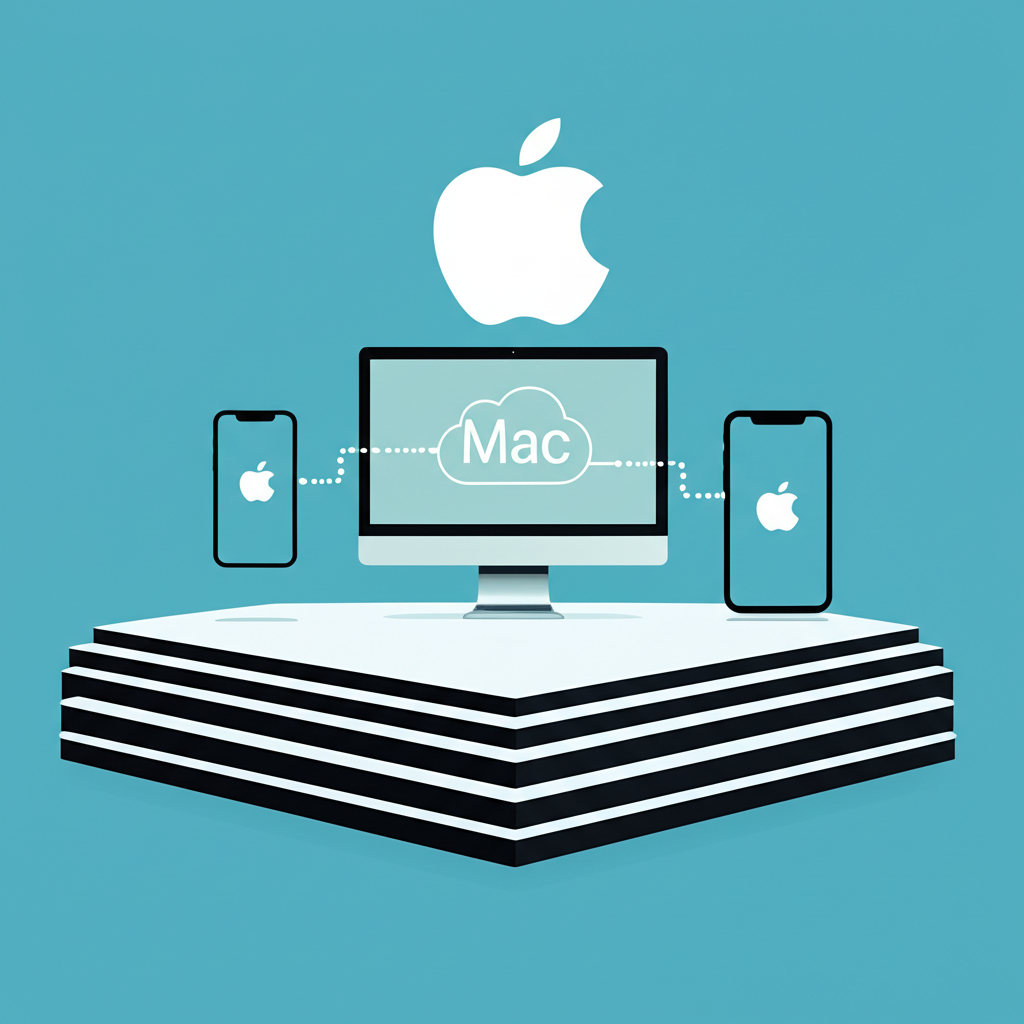 蘋果產品如iPhone、Mac與雲端服務形成強大生態系,在科技資本舞台上閃耀插圖