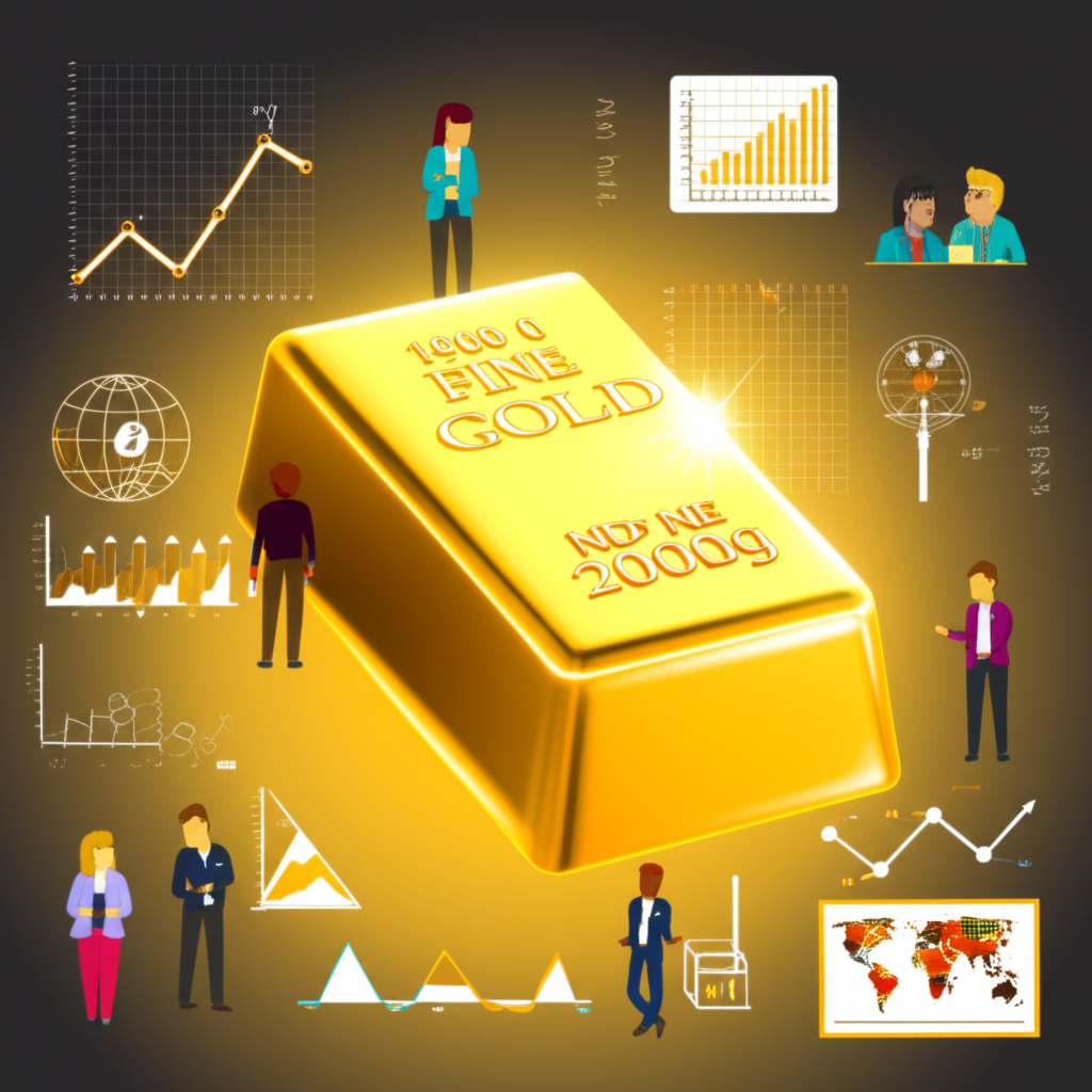 閃耀金條象徵古老財富與現代投資安全,周圍環繞波動的全球經濟圖表與多元投資者插圖