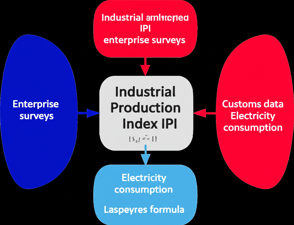 Complex calculation of Industrial Production Index IPI data collection enterprise surveys customs data electricity consumption Laspeyres formula weighting illustration