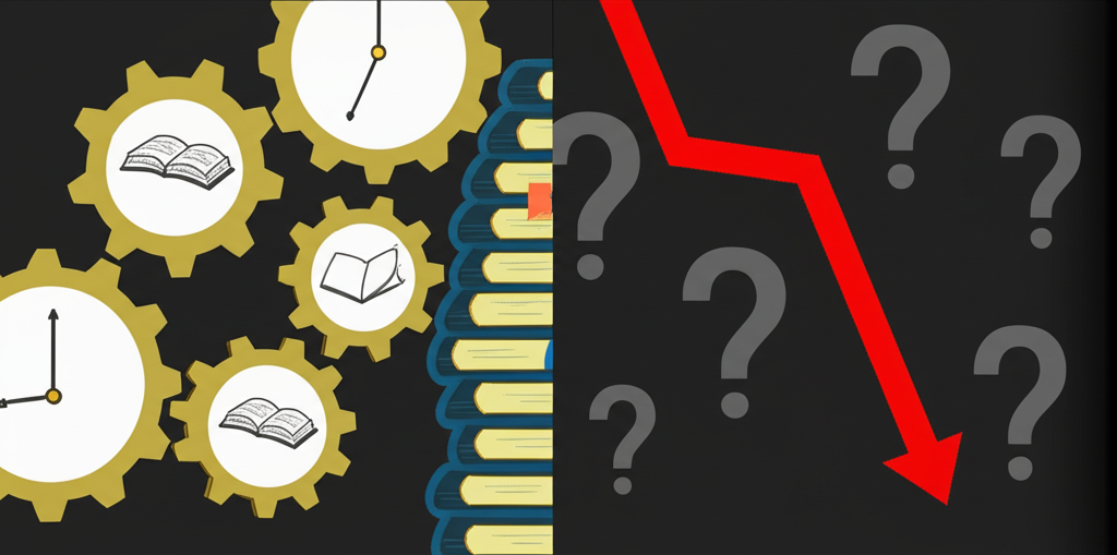 圖像分為兩側,一側展示節省時間和學習優勢,以齒輪和書籍象徵;另一側顯示缺乏自主性和風險缺點,用問號和下跌圖表表示
