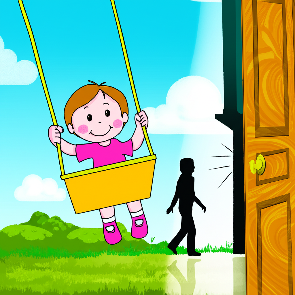 Swing 名詞場景插圖,包含兒童在黃色鞦韆上玩耍、門開啟與手臂擺動