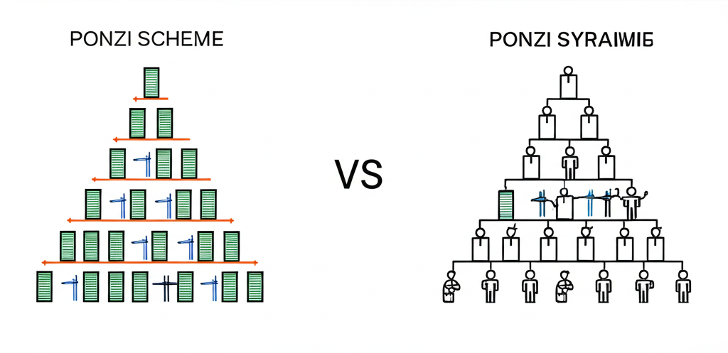 龐氏騙局與多層次傳銷的金字塔結構比較插圖,突出資金流動與招募差異