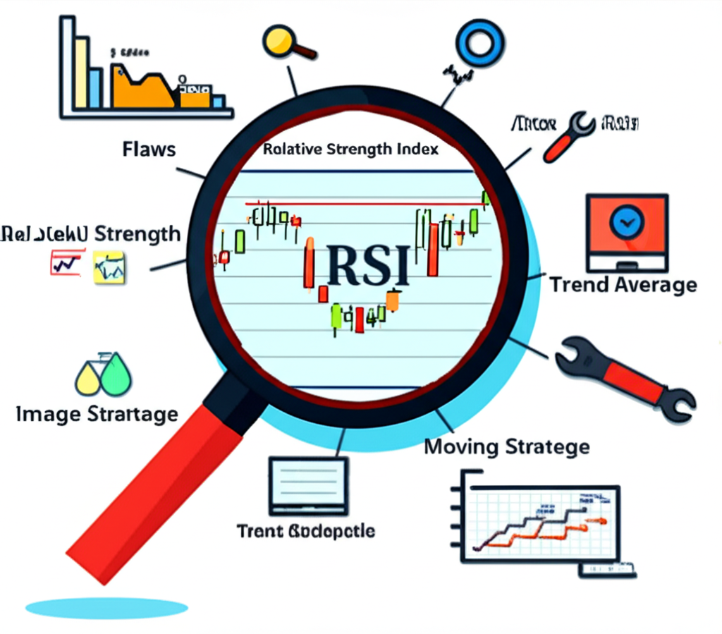 An illustration of a magnifying glass examining a complex RSI chart highlighting five distinct flaws with various tools and strategies surrounding it to fix them