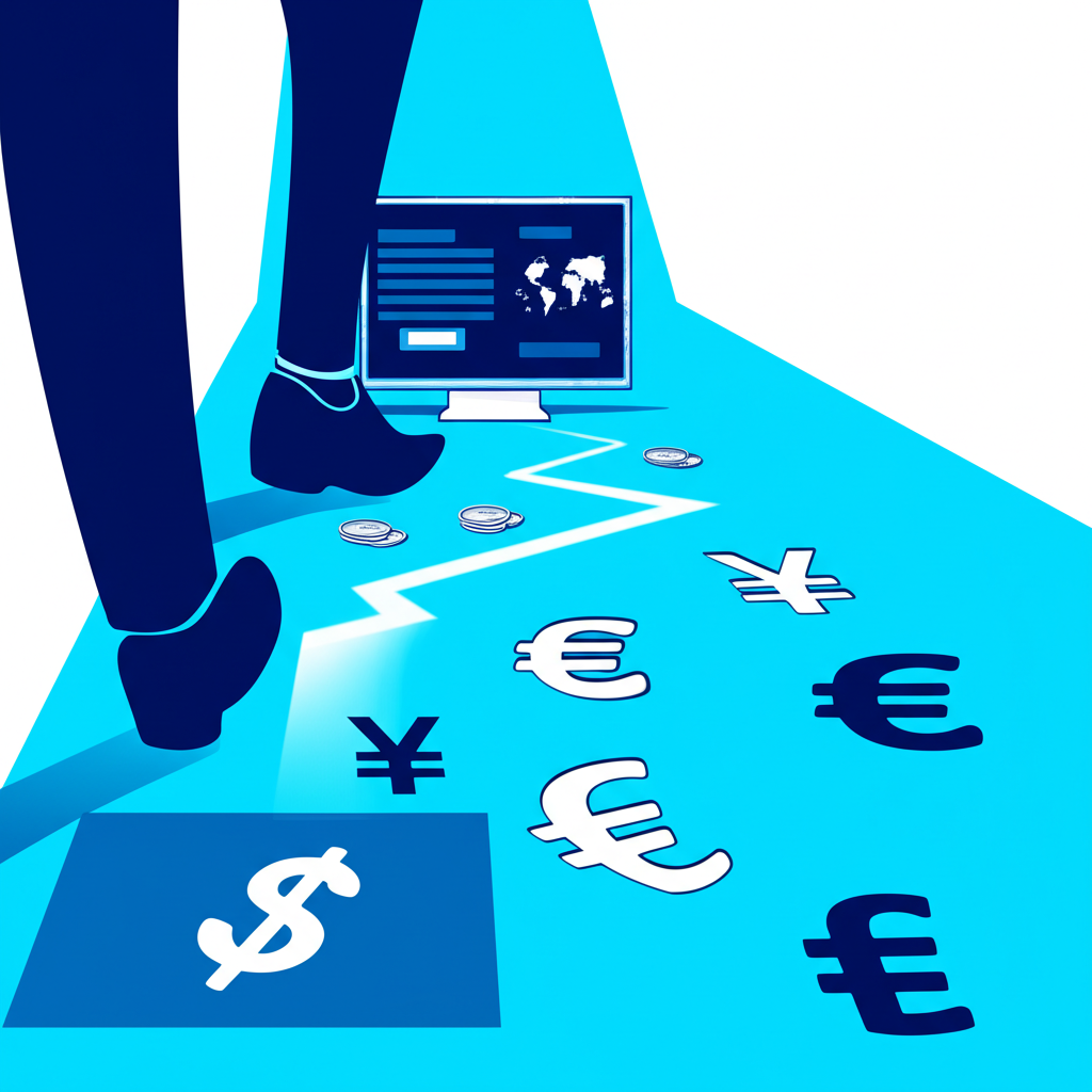 投資者踏入標有金融符號的投資之路，箭頭顯示資金流入交易平台的插圖，代表入金作為關鍵第一步