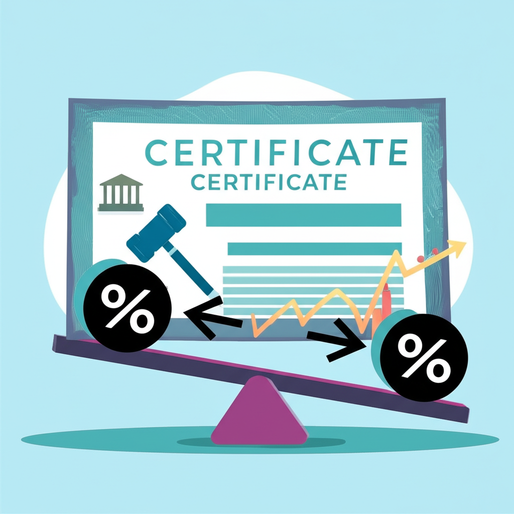 債券價格與殖利率成反比的圖示,如天平平衡債券圖示與收益率百分比,箭頭顯示反向運動,背景有長期債券證書及通膨、成長與央行政策的元素