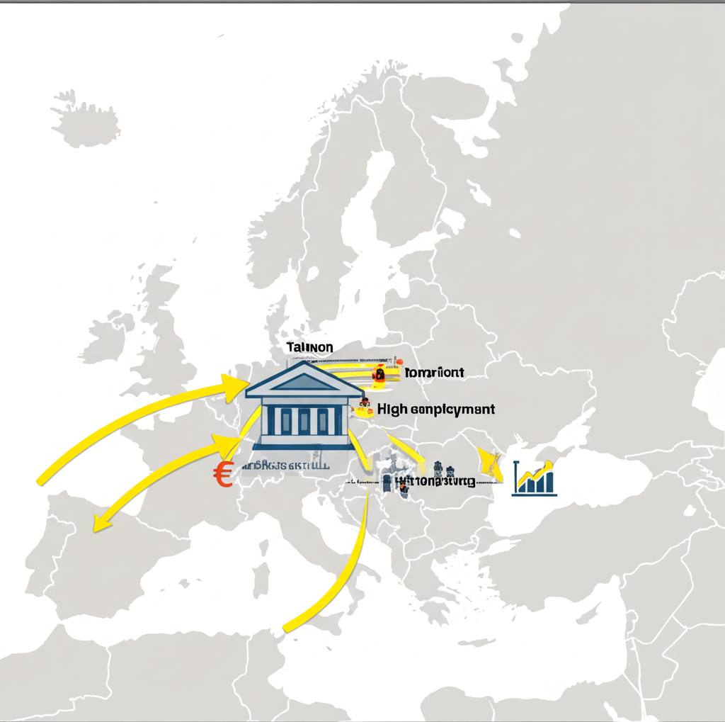 歐元區地圖插圖,箭頭指向台灣與香港,顯示歐洲中央銀行政策對全球經濟的波及效應