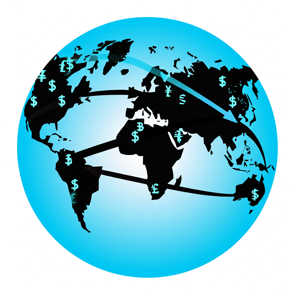 全球金融網絡插圖,顯示貨幣符號在不同大陸間流動,代表即時匯率波動與全球經濟連結
