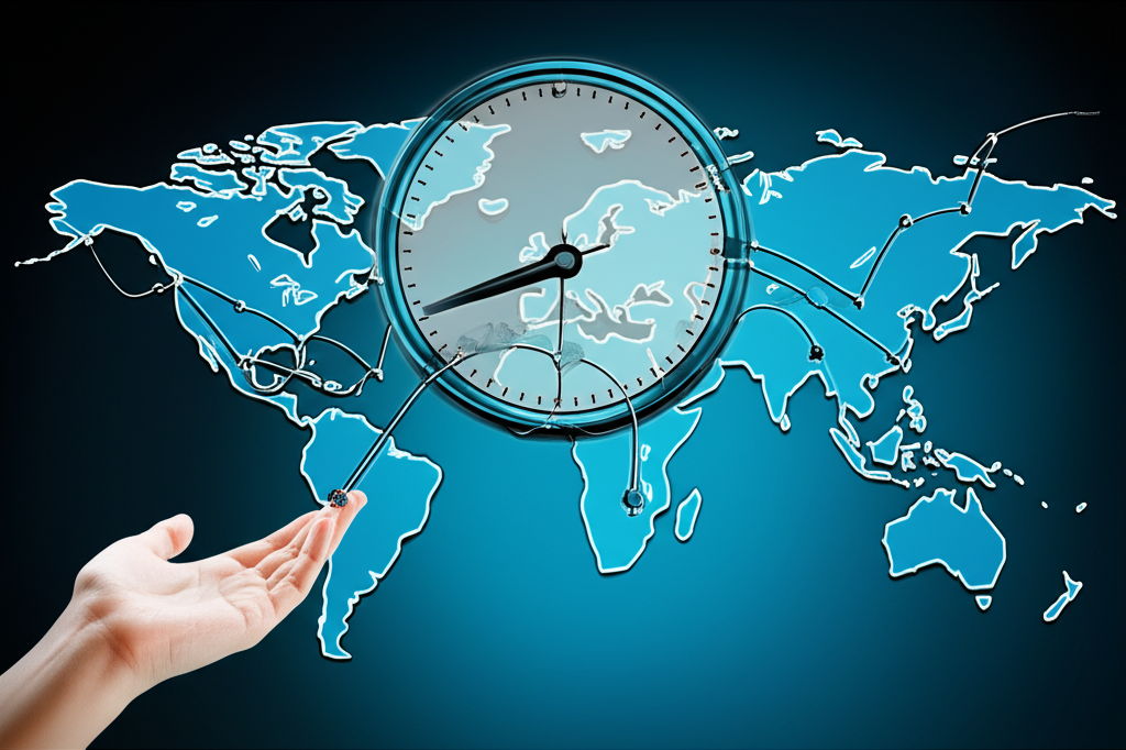 全球股市交易延伸圖示,展示手部管理風險並連接亞洲、歐洲與美洲市場的時鐘