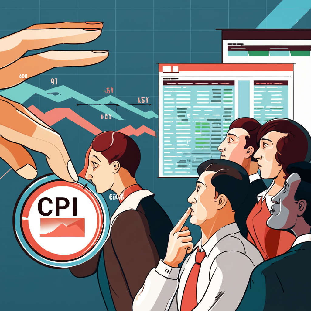 股市圖表與CPI調整撥盤及投資人觀望全球新聞示意圖