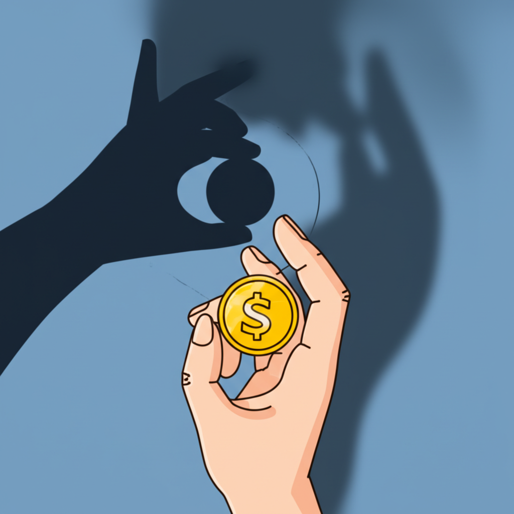 手持權利金硬幣,周圍有損失邊界線,對比賣方無限風險陰影