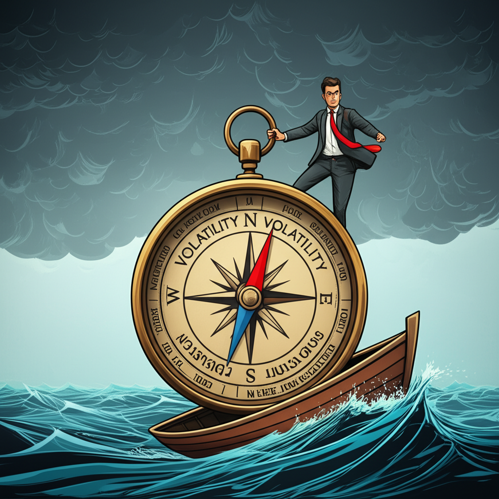 投資者在波動劇烈的金融市場中,手持標註波動率的指南針,象徵風險與不確定性的導航