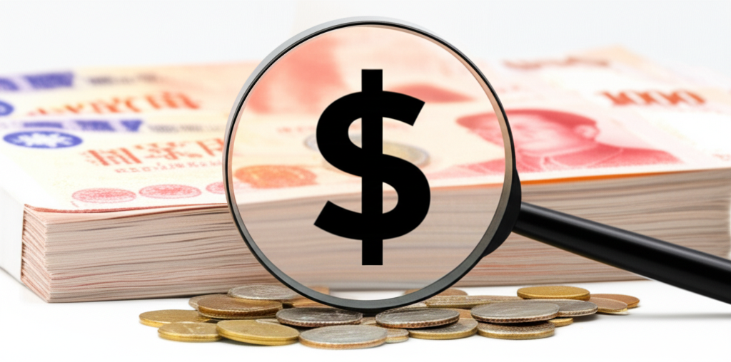 放大鏡聚焦單一股票,周圍小幣象徵低投資門檻,背景大捆台股證書代表高入場障礙