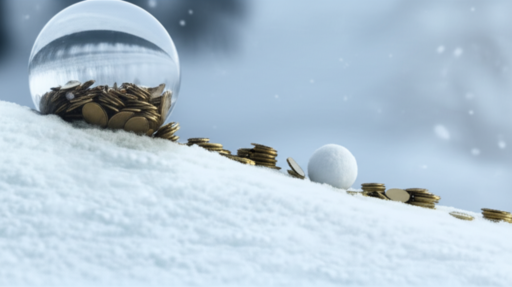 小雪球滾下山坡逐漸變成巨大雪球,周圍環繞小錢幣象徵複利隨時間增長