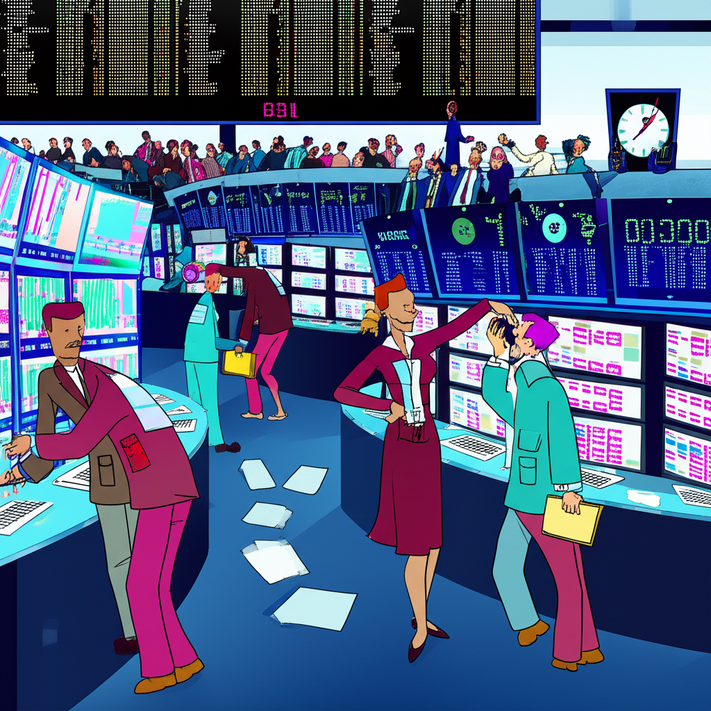 股市收盤時刻忙碌的交易大廳插圖,顯示鐘錶指向收盤時間與大螢幕上的最終股價