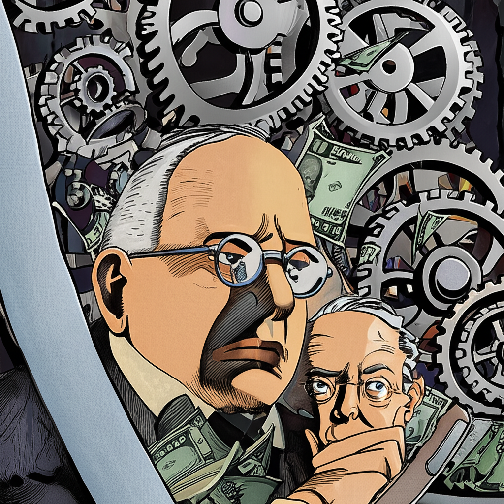 Illustration of gears grinding in an economic machine representing transaction costs with Ronald Coase observing