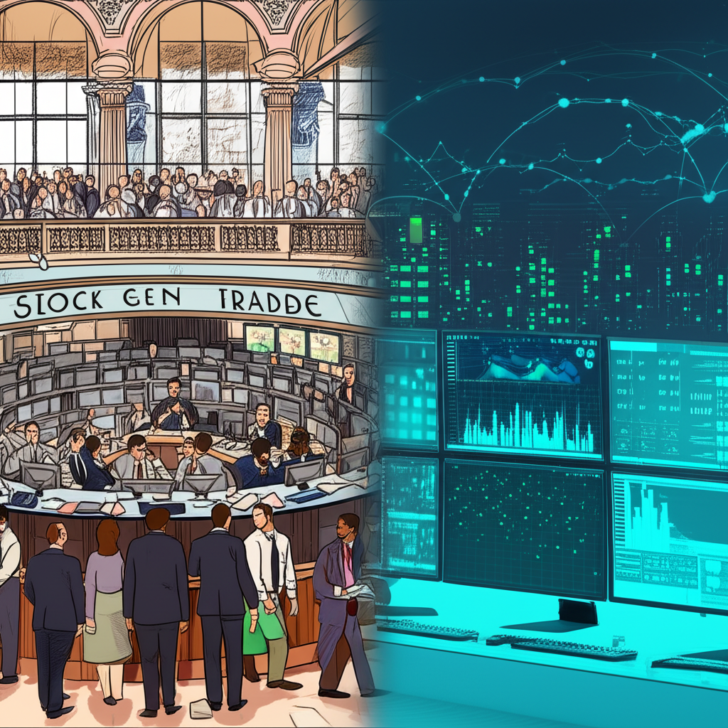 股市交易演進圖,從傳統交易大廳到現代數位全球連結,象徵延長交易時段的發展