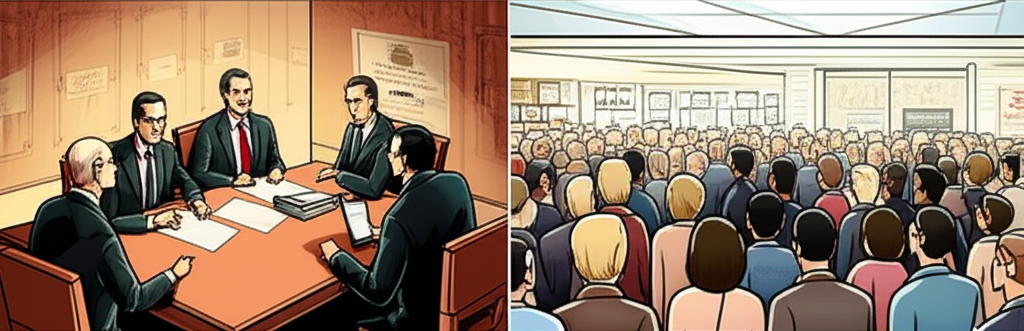 公司向小群特定人士發行證券的封閉會議，對比公開市場外的大眾人群