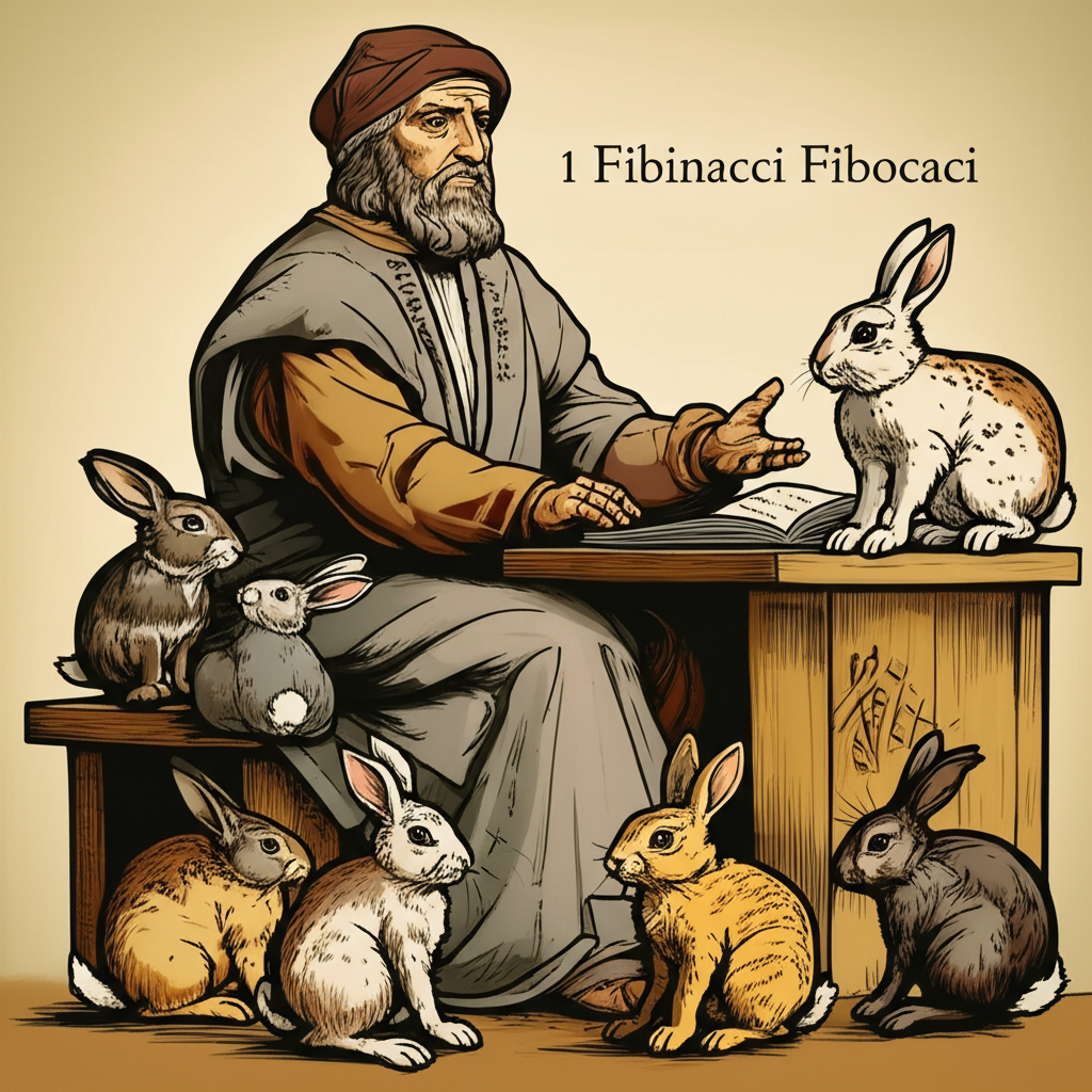 中世紀數學家李奧納多·斐波那契周圍環繞兔子與數列的插圖,代表斐波那契序列
