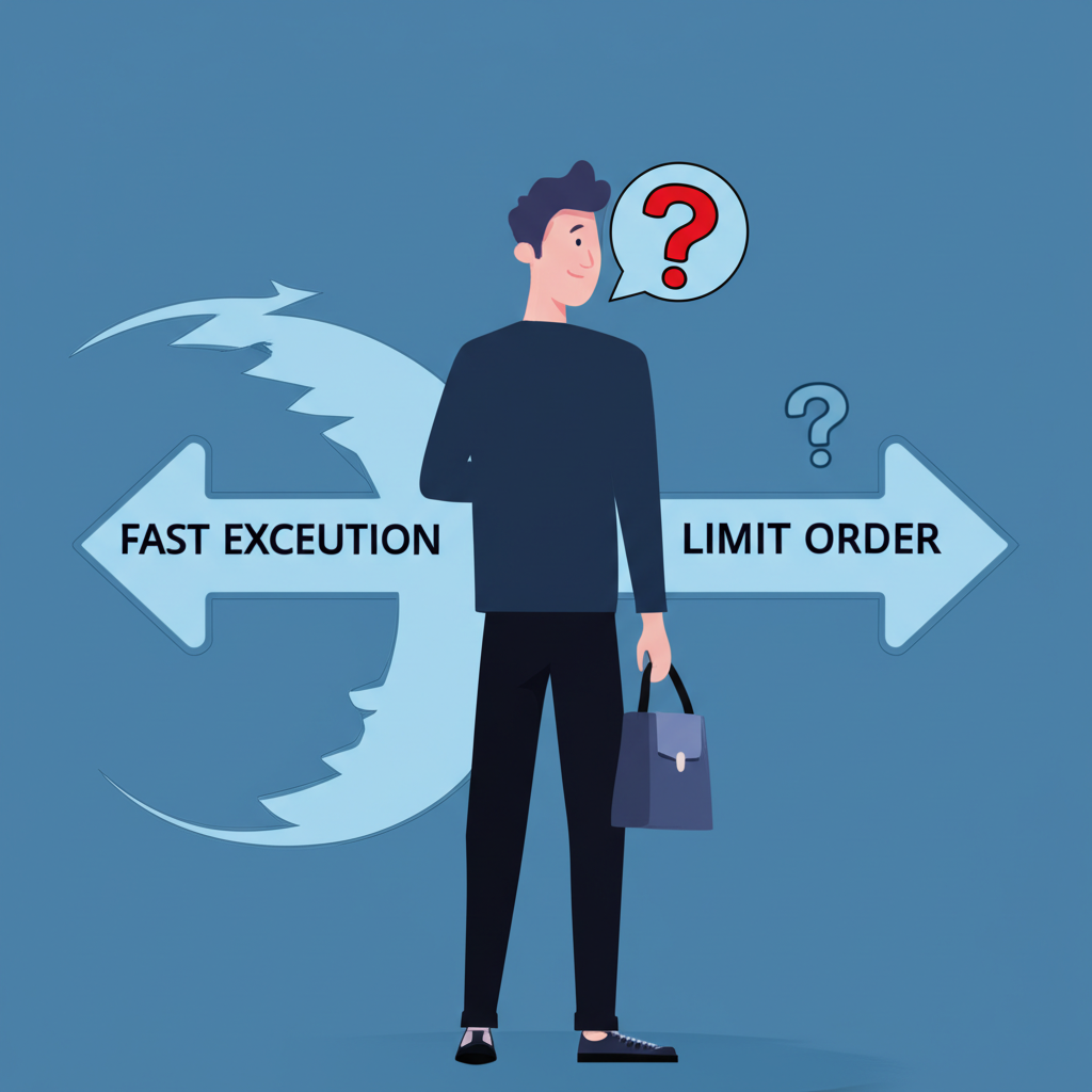 投資者在複雜金融市場中導航不同委託類型,如市價與限價訂單,展示快速執行對比價格不確定性