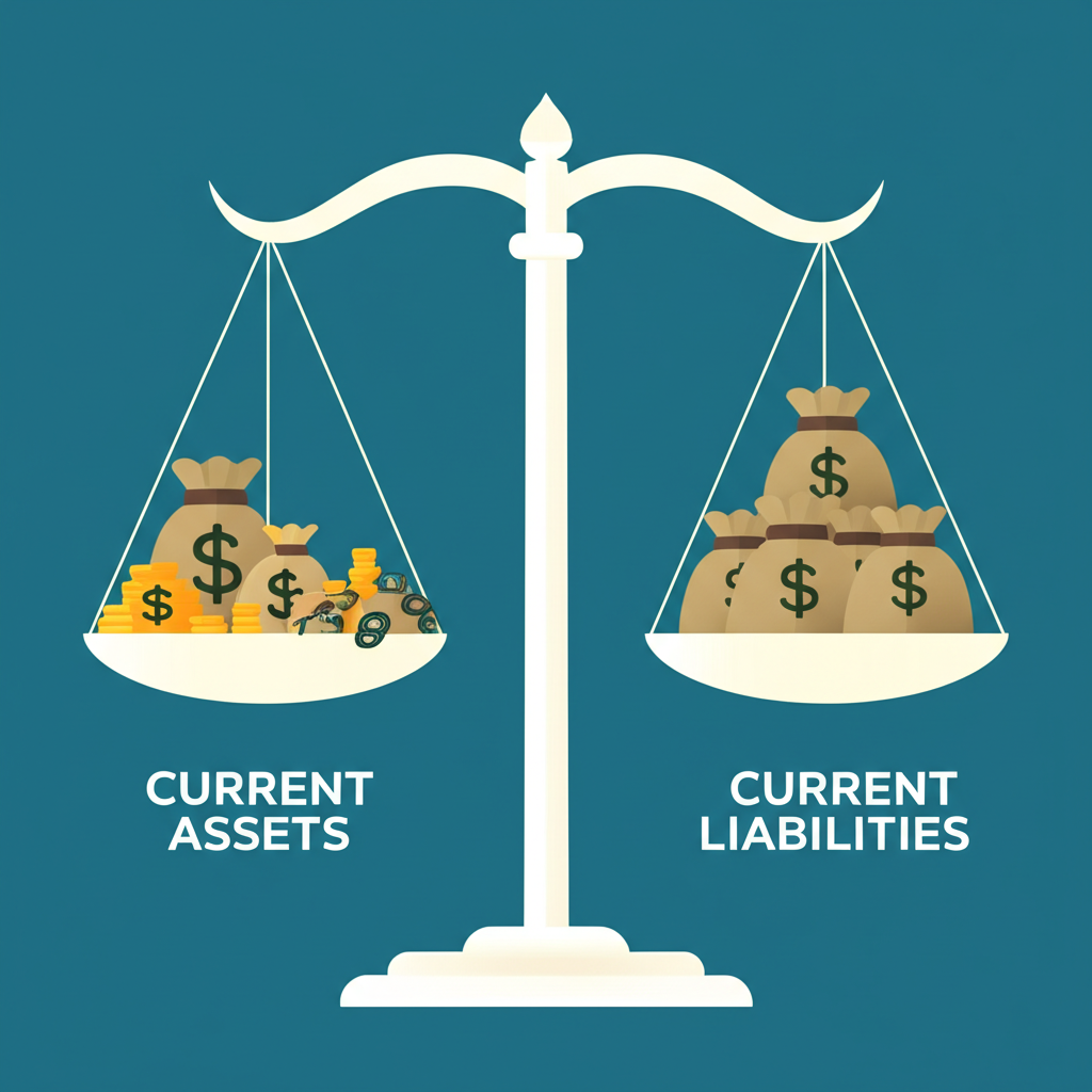 平衡秤一側為流動資產,另一側為流動負債,代表流動比率概念,包含錢袋和債務符號
