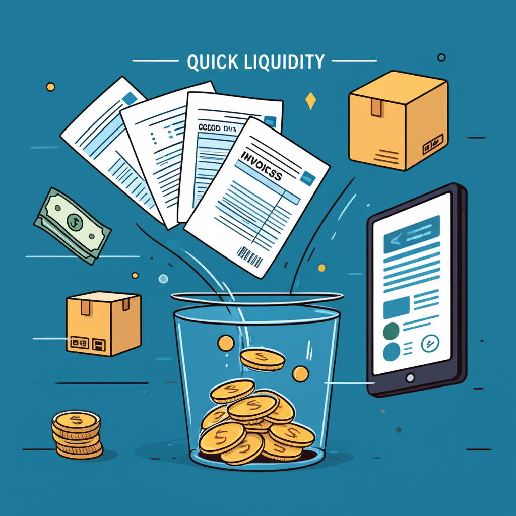 各種流動資產如現金硬幣、應收帳款發票和存貨箱流入單一容器,代表快速流動性