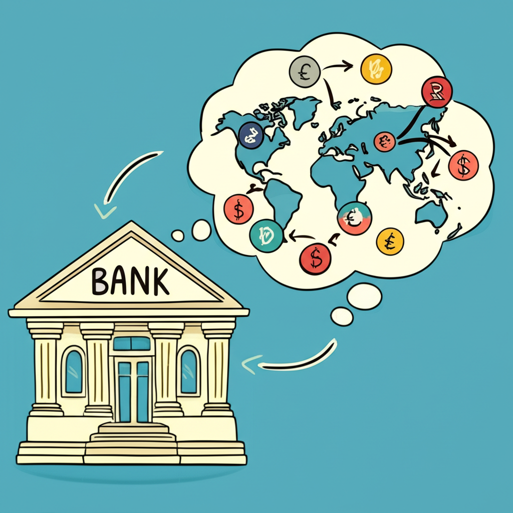 銀行建築與思緒泡泡，箭頭顯示從客戶買賣外幣的流程，代表銀行視角