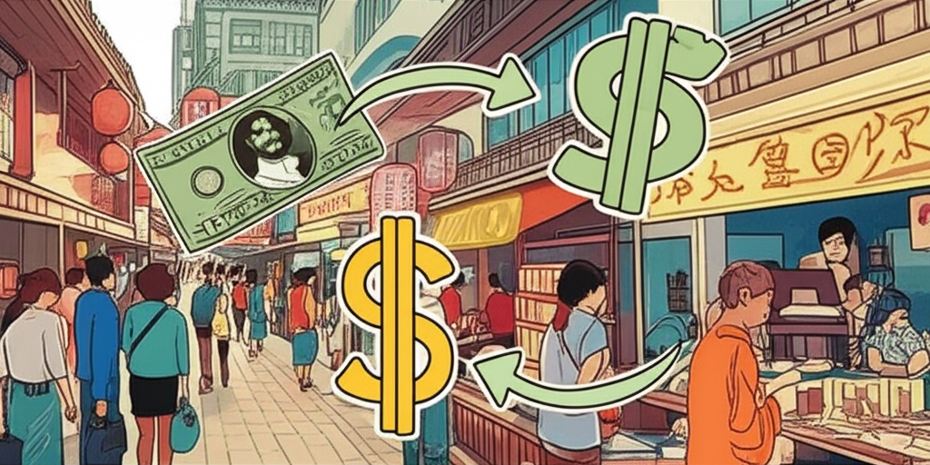 資金從美元流向台幣的插圖,箭頭顯示國際資本移動,背景為繁忙的台灣市場,象徵熱錢湧入