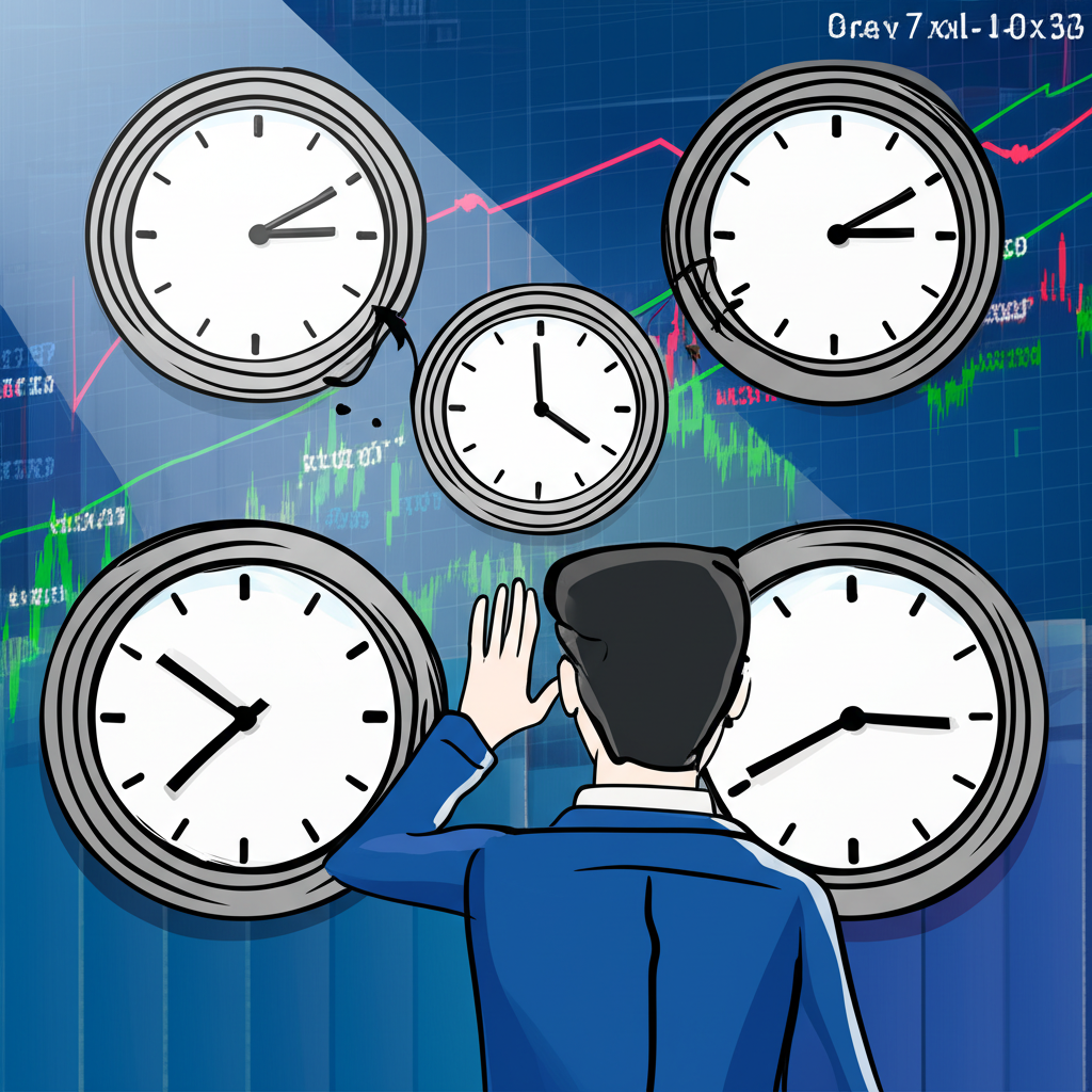 台灣或香港投資人面對多個時鐘和股票圖表,對時區與夏令時間感到困惑,指引之光照亮正確的市場時間