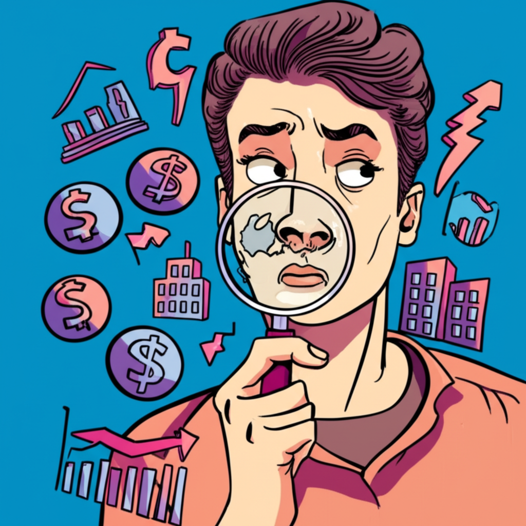 好奇的人用放大鏡檢視股票市場圖表,周圍浮現普通股概念與企業所有權的金融符號