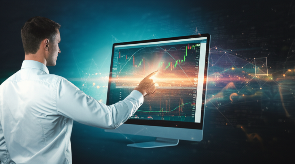 交易者自信使用 MetaTrader 4 平台,周圍環繞金融圖表與數據流,象徵高效能與穩定性