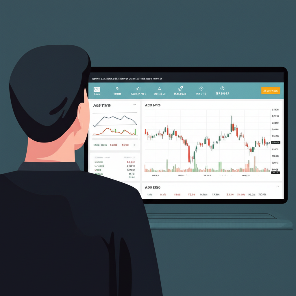 一位人士注視數位螢幕,顯示AUD兌TWD和HKD的互動匯率圖表,包含即時數據點與可選時間框架的金融網站介面