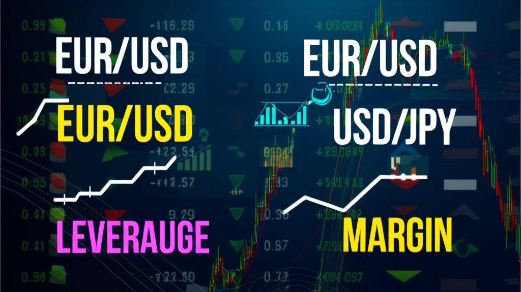 數位螢幕上顯示EUR/USD和USD/JPY等貨幣對交易，包含買賣價差、槓桿和保證金的抽象金融元素
