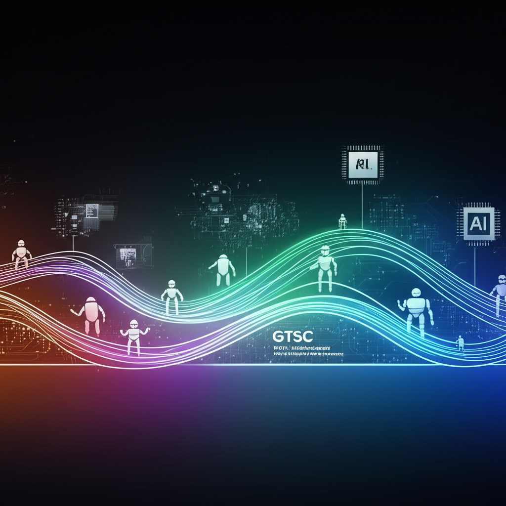 技術演進時間線插圖,從早期 GPU 晶片到複雜 AI 網絡、機器人與元宇宙元素,象徵 GTC 的發展歷程