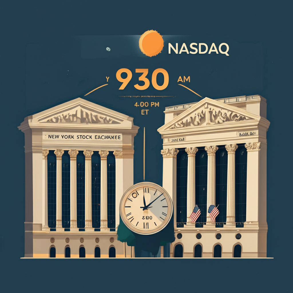 紐約證交所與那斯達克交易所的標誌性建築,配以大鐘顯示上午9:30至下午4:00的美東時間,以及太陽與月亮循環表示夏冬令時間轉換對全球投資者的影響