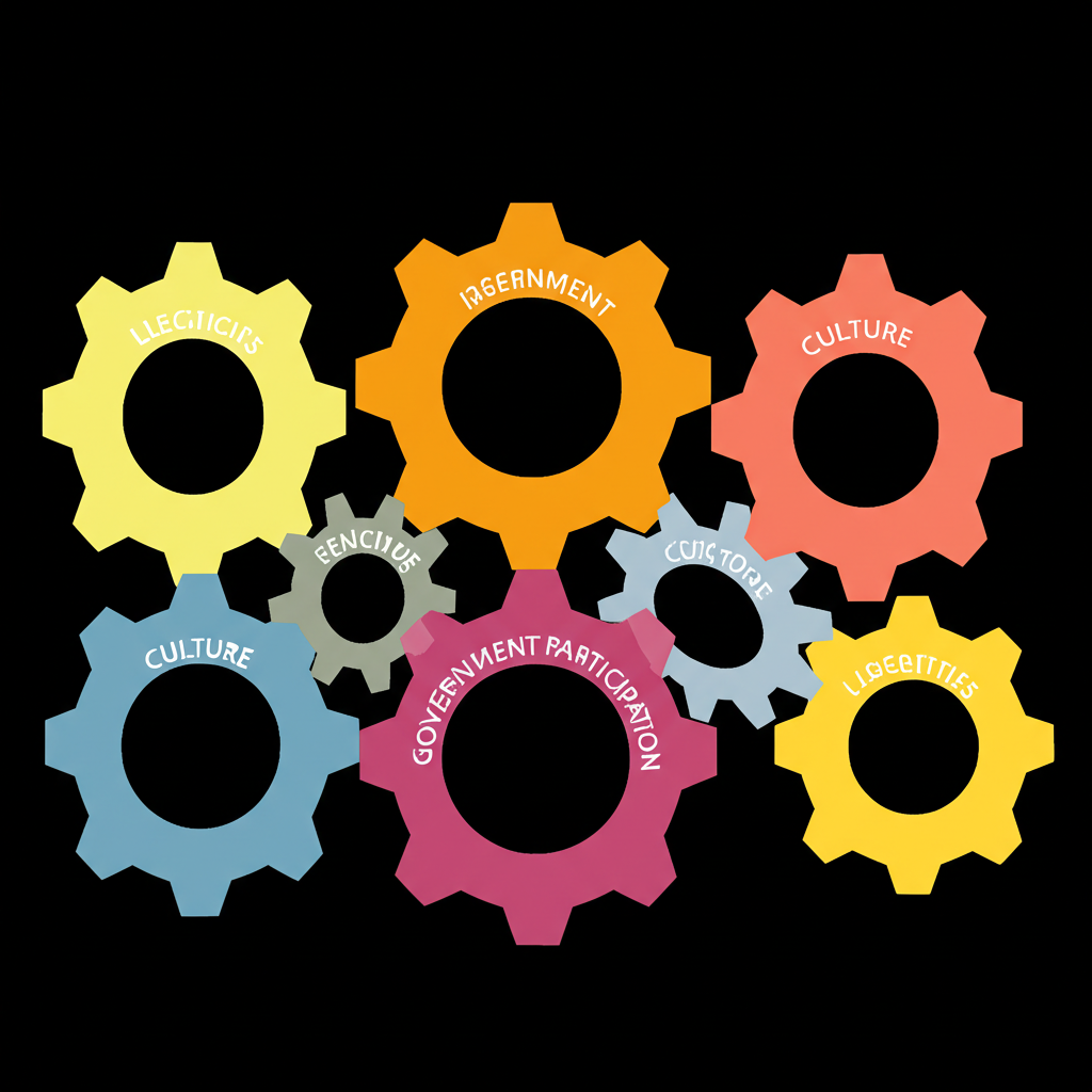 五個民主標準如支柱或齒輪,標示選舉、政府、政治參與、文化與自由,彼此連結形成堅實的民主體系