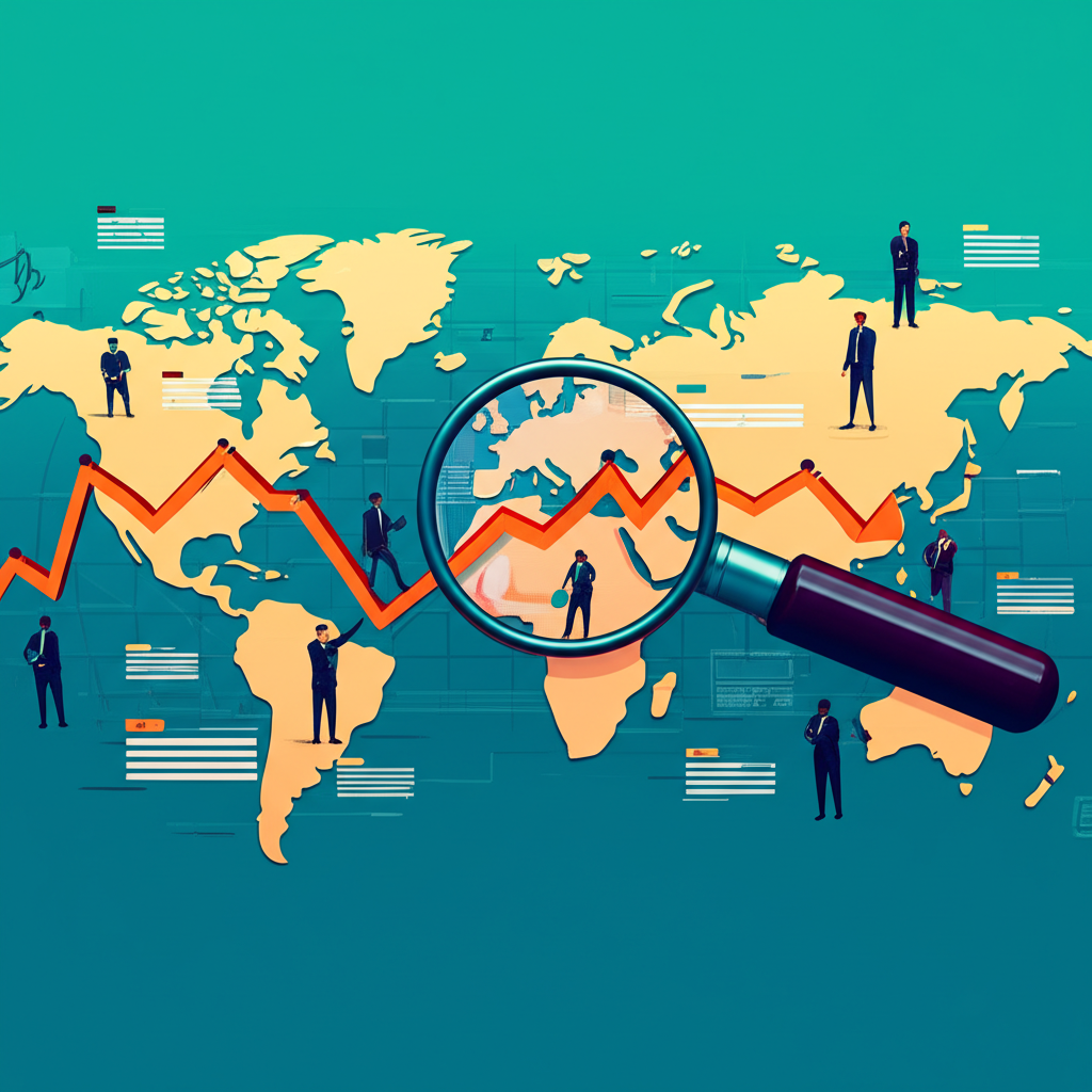 全球金融市場中美國20年期公債殖利率走勢的圖示,放大鏡聚焦於上升與下降的線圖,周圍環繞投資者和經濟學家分析資料,背景為世界地圖,使用鮮豔色彩
