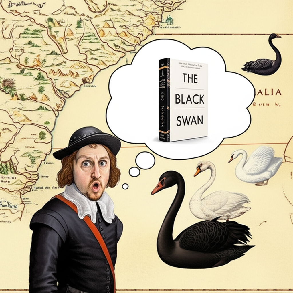 黑天鵝事件特徵插圖:三個支柱代表極端稀有性、巨大衝擊與事後解釋性