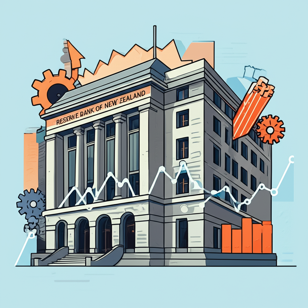 Reserve Bank of New Zealand building with gears and economic charts for OCR adjustments