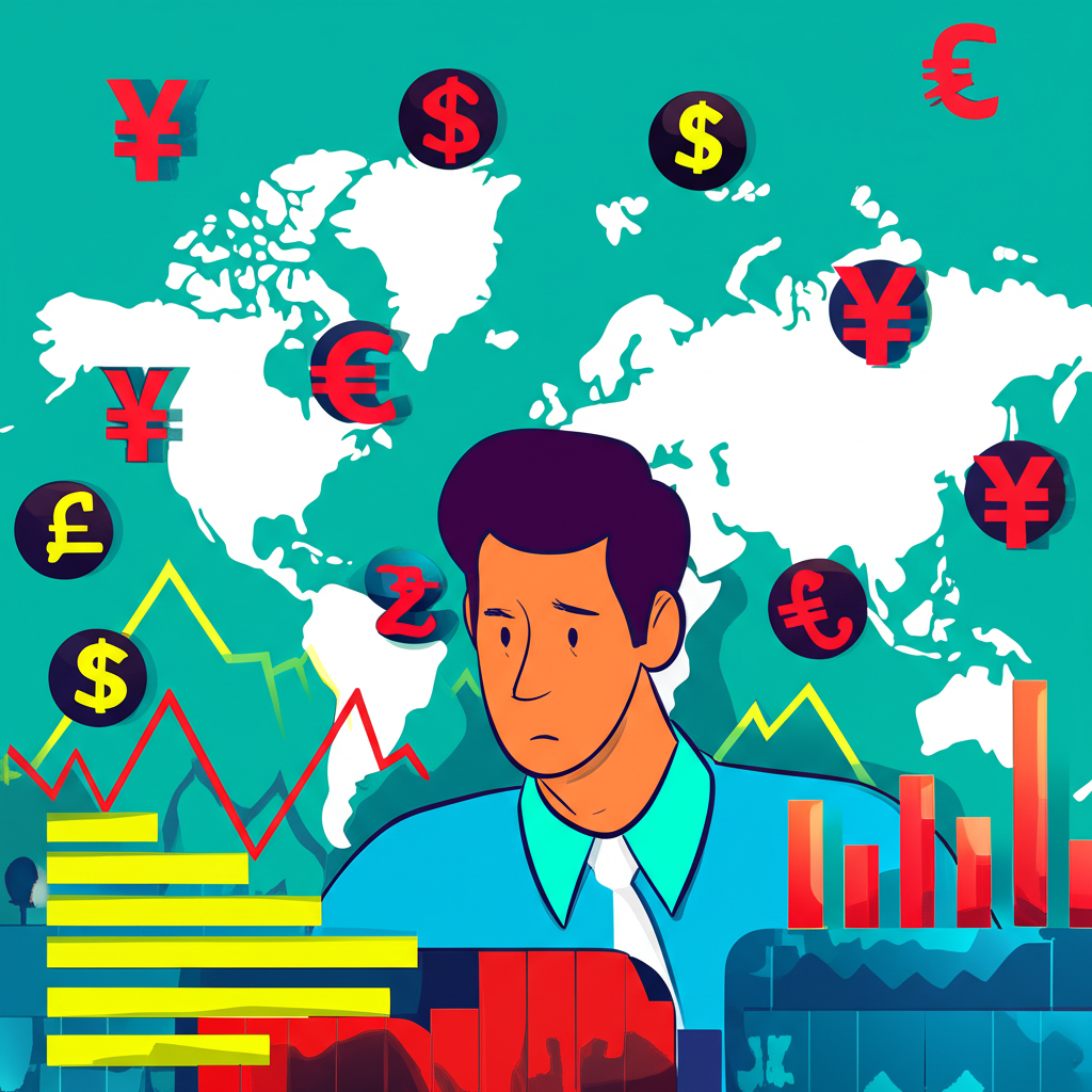 一個人困惑地看著貨幣符號和世界地圖,規劃旅行或線上購物,周圍環繞各種貨幣和顯示匯率對日常生活及全球經濟影響的財務圖表,充滿活力色彩