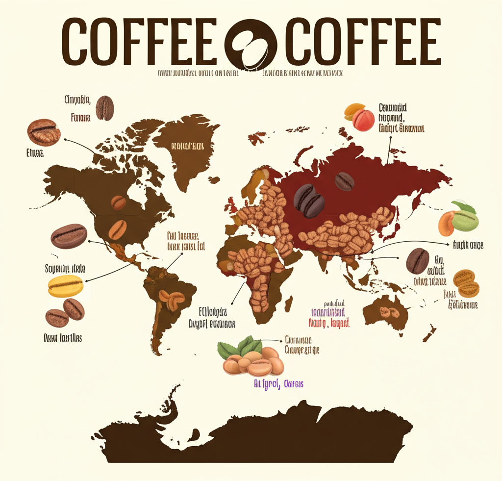 世界地圖標示不同咖啡產區,展示多樣咖啡豆及其獨特風味特徵的插圖
