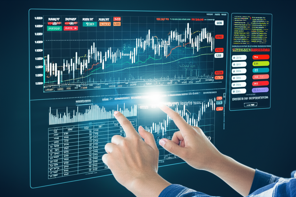 交易者操作動態螢幕示意圖,展示股票、外匯、加密貨幣等金融工具的詳細圖表、指標與訂單管理視窗,強調進階功能