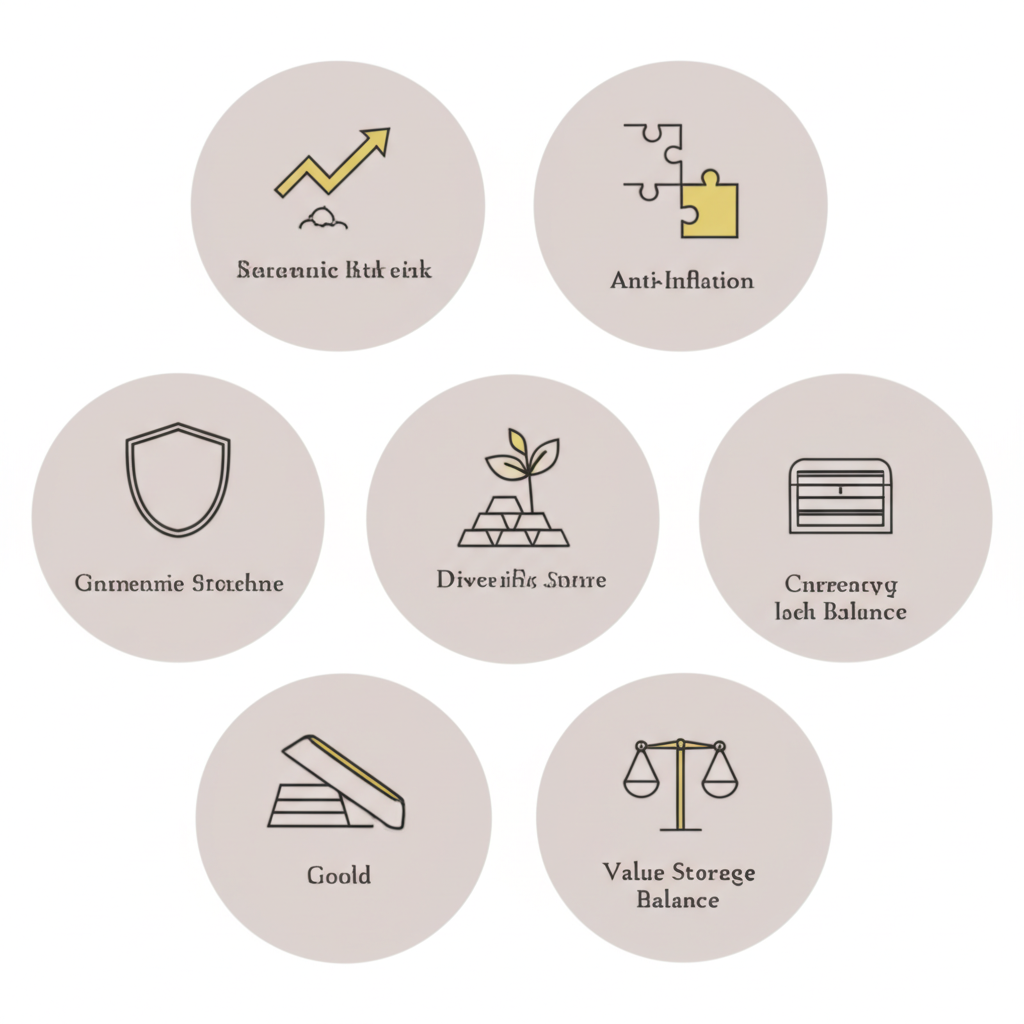 投資黃金五大理由的圖示,包括避險盾牌、通膨對抗植物、多樣化拼圖、價值儲藏寶箱及貨幣平衡天平