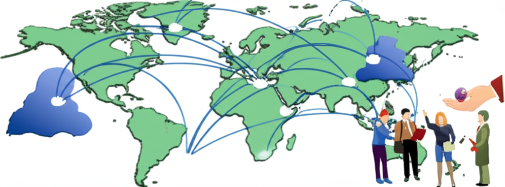 國際貨幣基金組織核心職能圖解,涵蓋監察、金融援助與技術協助,世界地圖連結經濟監測、援助貸款與專家指導