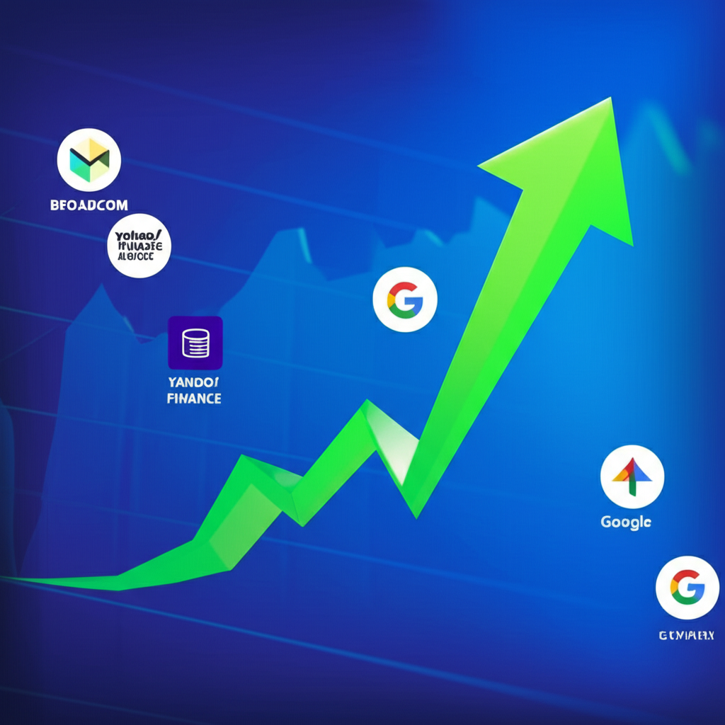 博通AVGO股價上漲走勢圖，背景包含Yahoo財經與Google財經等平台圖示