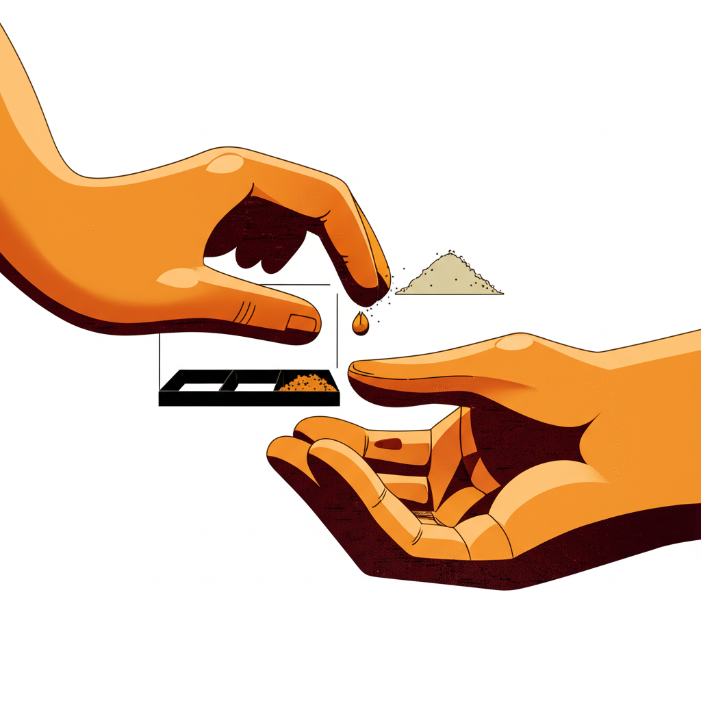 儲備與累積概念插圖：兩隻抽象的手合作，一隻輕放種子到儲存區代表儲備，另一隻添加閃耀元素到成長堆疊象徵累積，融合成單一概念