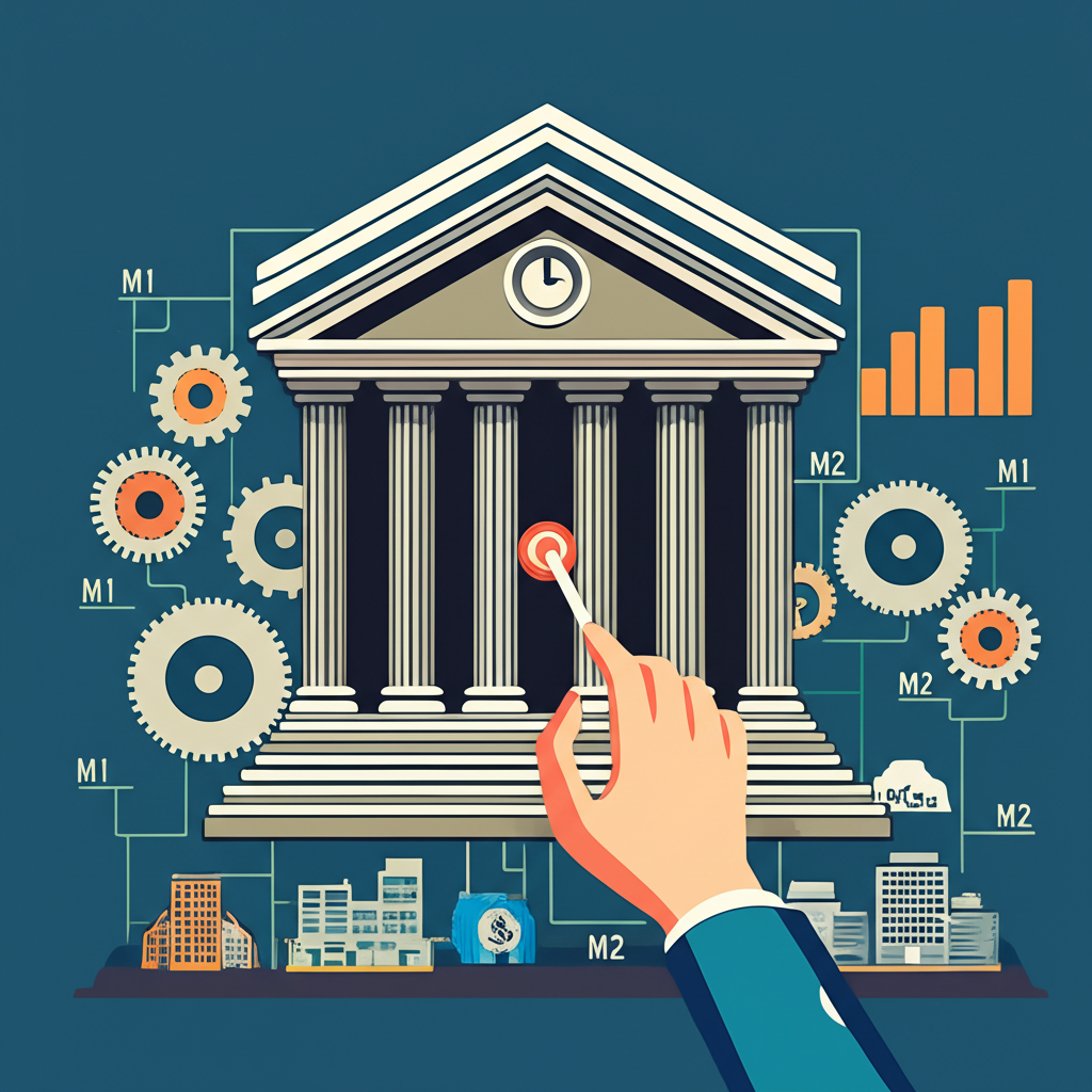中央銀行建築物與齒輪圖表,象徵 M1 和 M2 貨幣供給如何驅動經濟,伴隨著調整政策槓桿的手