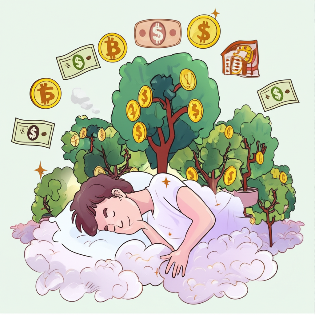 一位人夢想著財務自由,周圍環繞著生長中的金錢樹和各種象徵投資的資產