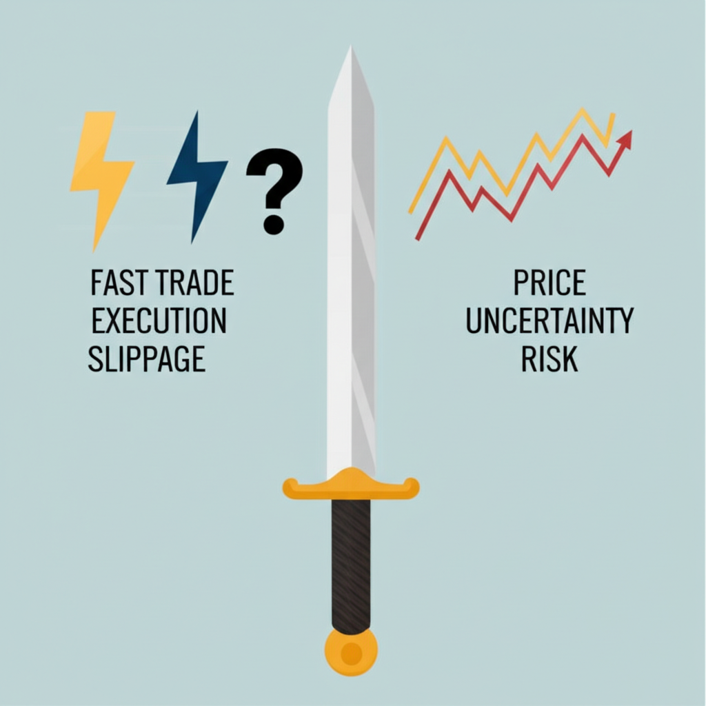 雙刃劍象徵市價委託的優缺點,一面展示快速交易執行,另一面顯示價格不確定與滑價風險
